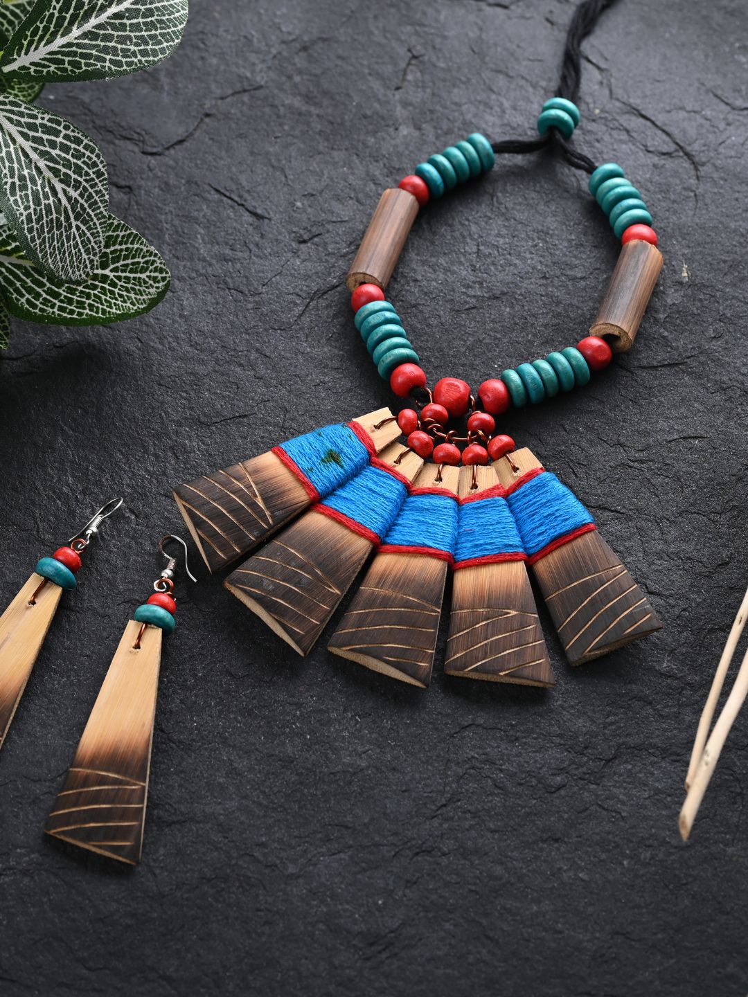 Handmade Sky Blue Red Bamboo Tribal Jewellery Set