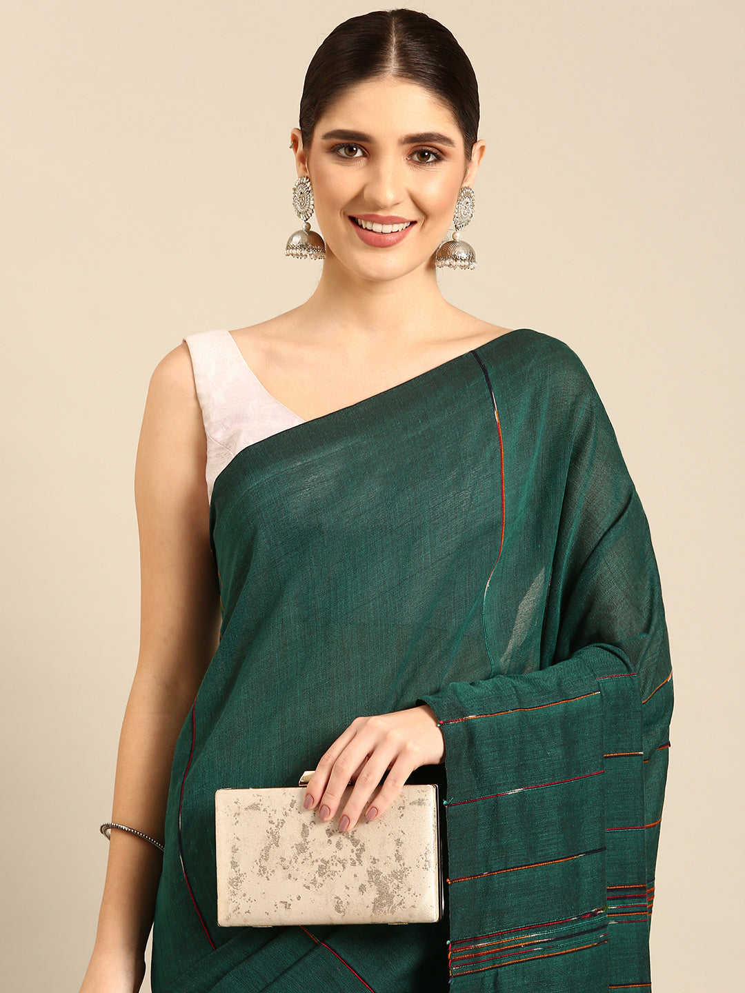 Green Handcrafted Cotton Saree with Pompoms