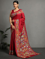 ArtEastri Red Bird Design Artsilk Saree with Blouse piece