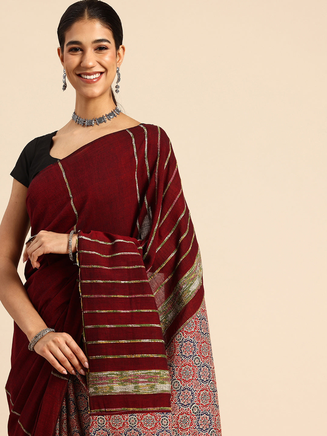 ArtEastri Maroon Red Ajrak Print Khesh Cotton Saree with Blouse piece