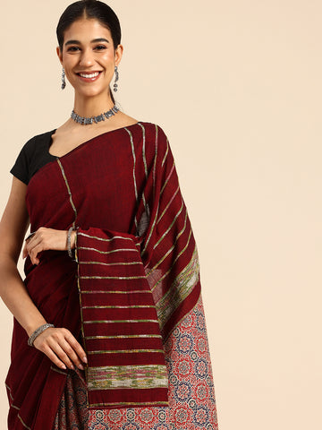ArtEastri Maroon Red Ajrak Print Khesh Cotton Saree with Blouse piece