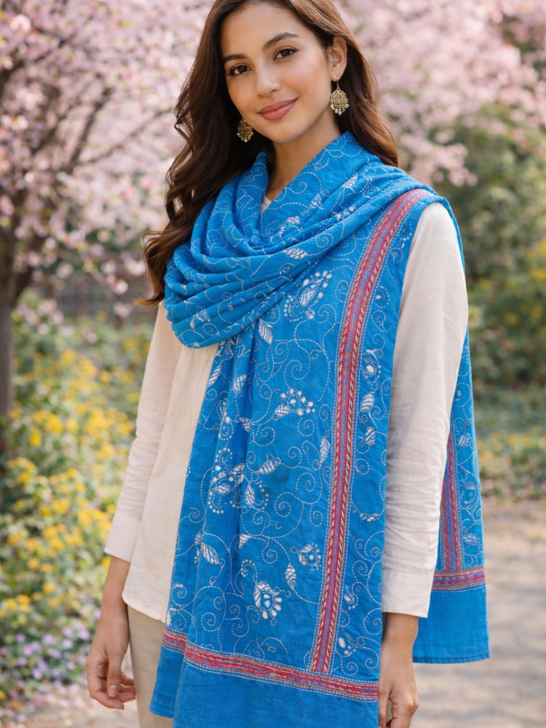 Blue Pink Cotton Kantha Stole