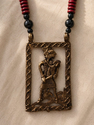 Handmade Dokra Mother Child Necklace on Wooden beads