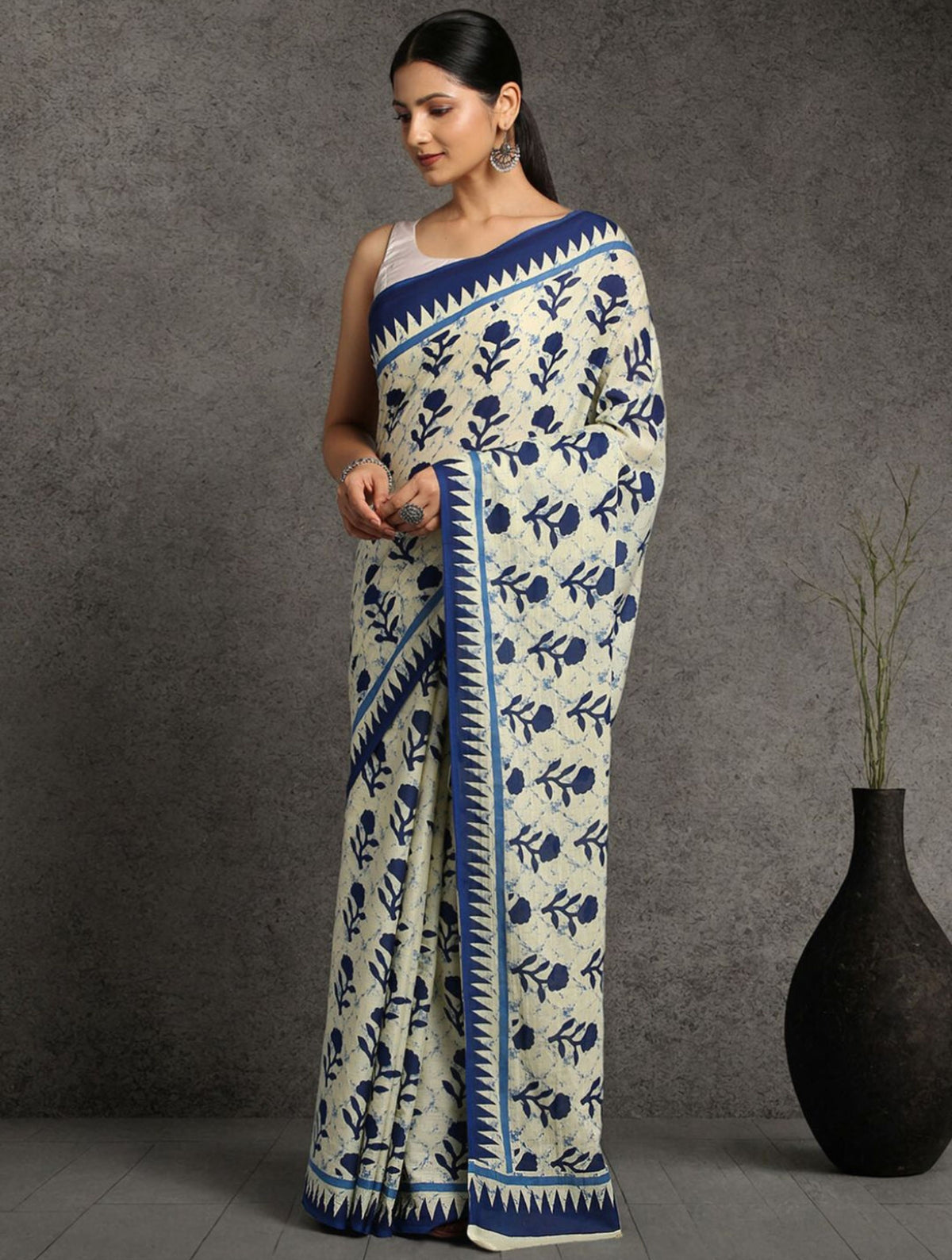 ArtEastri Cream Floral Print Cotton Saree with Blouse piece