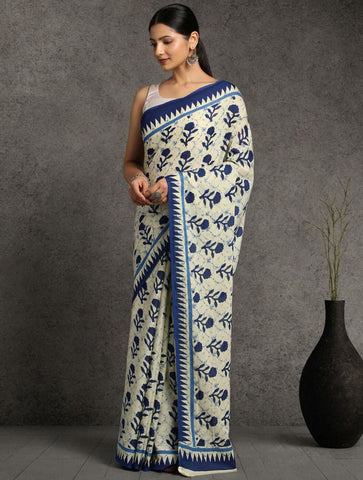 Cream Pure cotton Printed Saree with blouse piece