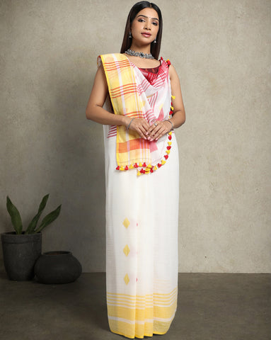 White Red Diamond Jamdani  Cotton Saree