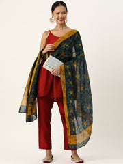 Navy & Yellow,Green Handloom Batik Printed Silk Cotton  Dupatta