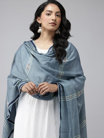 Blue Handloom Jamdani Cotton Dupatta with Pompoms