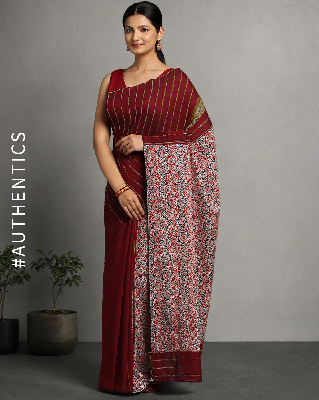 ArtEastri Maroon Red Ajrak Print Khesh Cotton Saree with Blouse piece