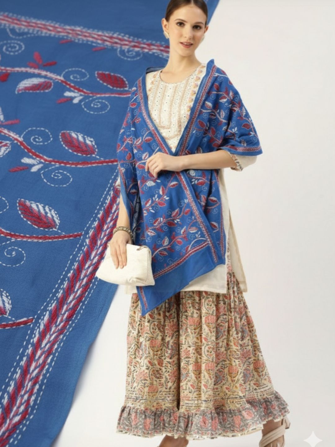 Blue Pink floral Cotton Kantha Stole