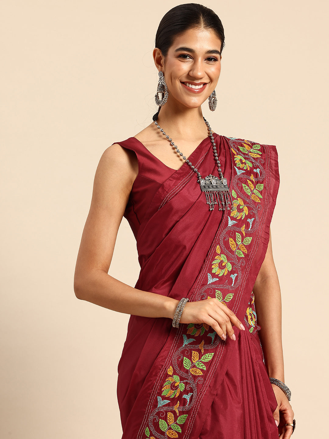 ArtEastri Red Bird Design Artsilk Kantha Saree with Blouse piece