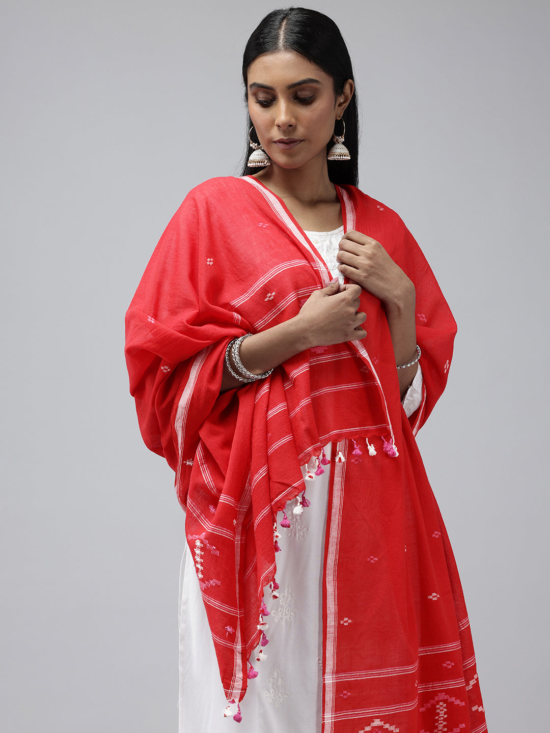 Red Cotton Handloom Jamdani Dupatta
