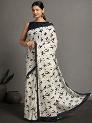 ArtEastri Cream Bird Print Cotton Saree with Blouse piece