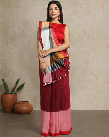 Handloom Colour block Cotton Saree with pompoms