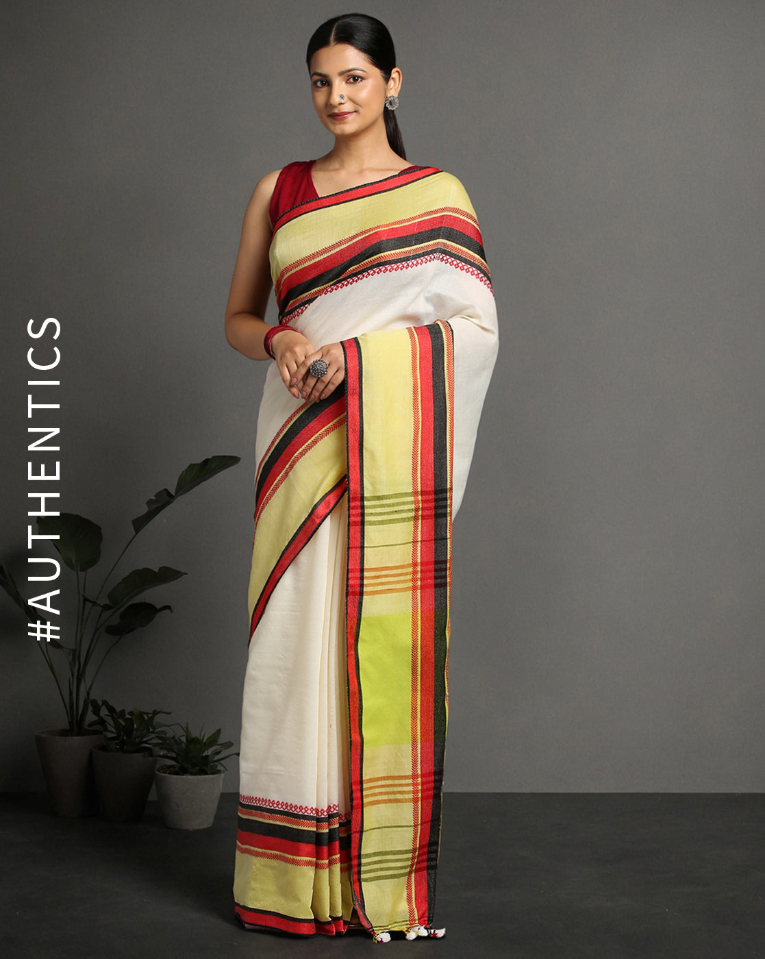 ArtEastri White Green Red Cotton Saree with Blouse piece