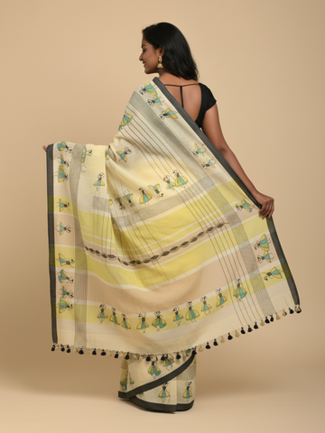 Yellow Handloom Cotton Kantha Stitch Saree with pompoms