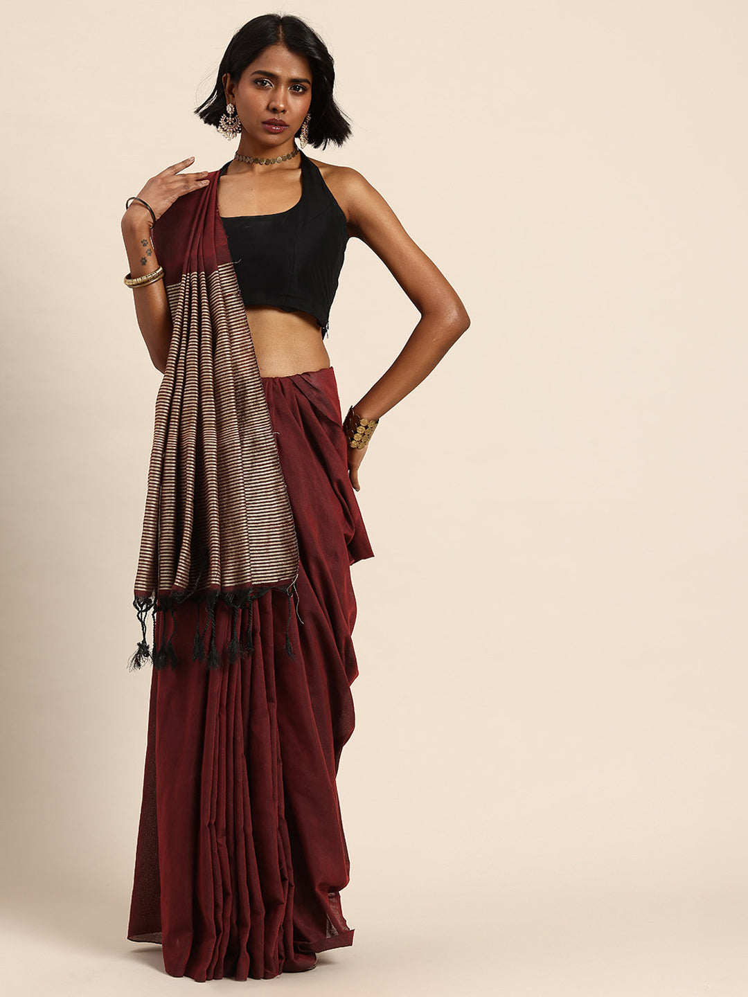ArtEastri Maroon Solid Cotton Saree with Blouse piece