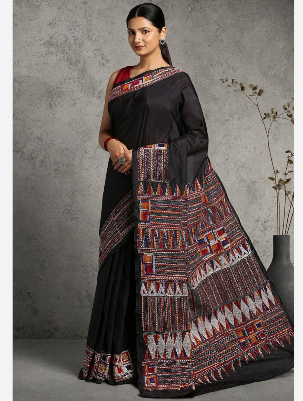 ArtEastri Handloom Black Silk Kantha Saree with Blouse piece