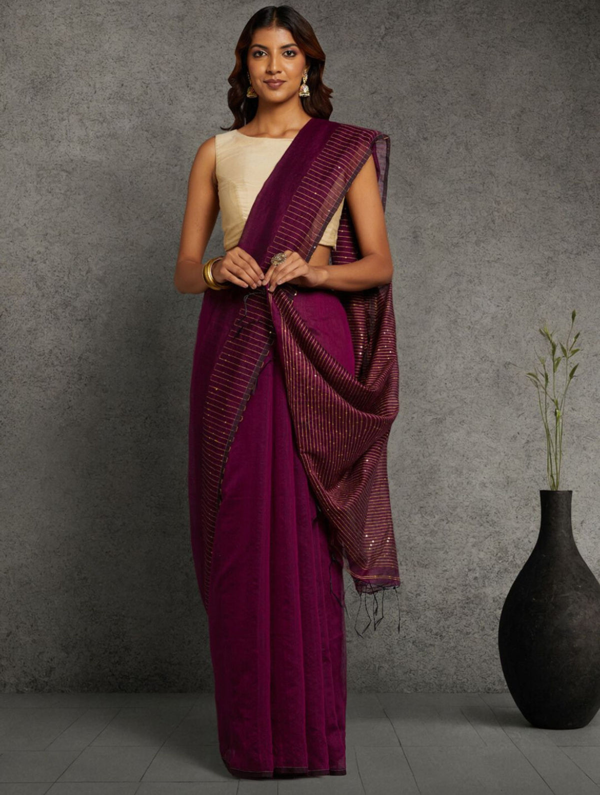 Burgundy Sequins Silk Cotton Saree with Blouse Piece