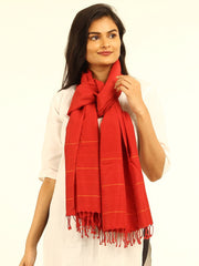 Stunning Red Striped Handloom Cotton Wool Stole