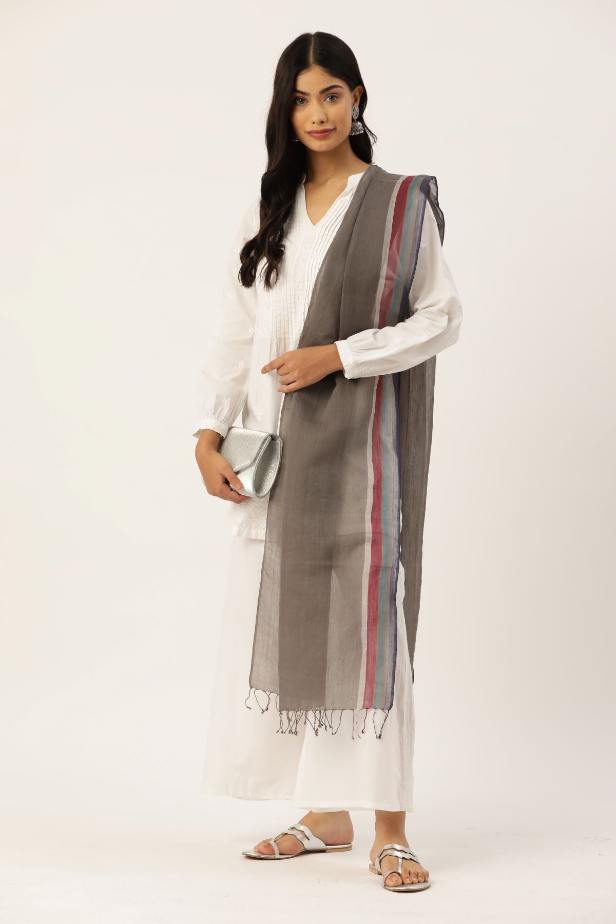 Grey Blue & white Silk cotton Handloom Striped Stole