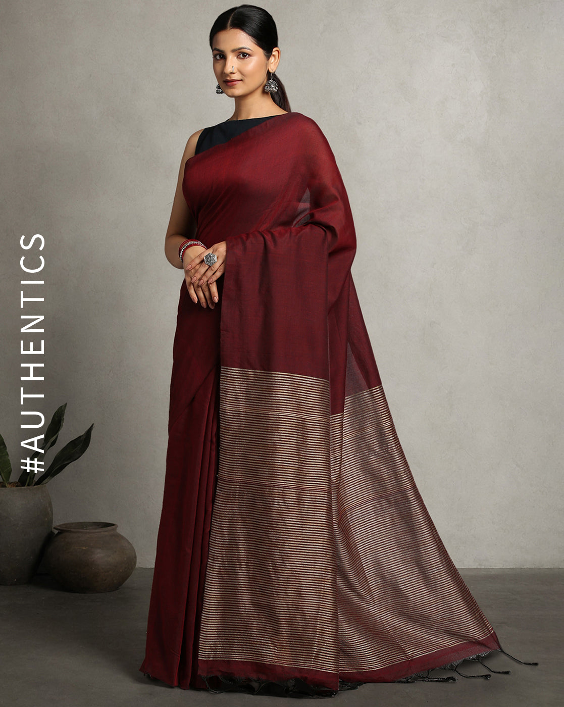 ArtEastri Maroon Solid Cotton Saree with Blouse piece