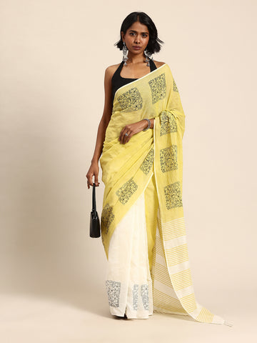 Cream Yellow Handblock print Cotton saree