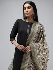 Black & Red Madhubani Jacquard Cotton Print Dupatta