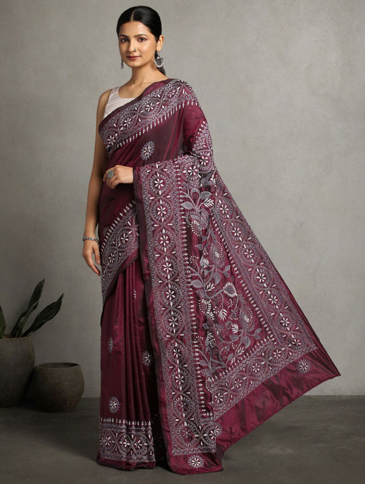 ArtEastri Maroon Grey Silk Kantha Saree with Blouse piece