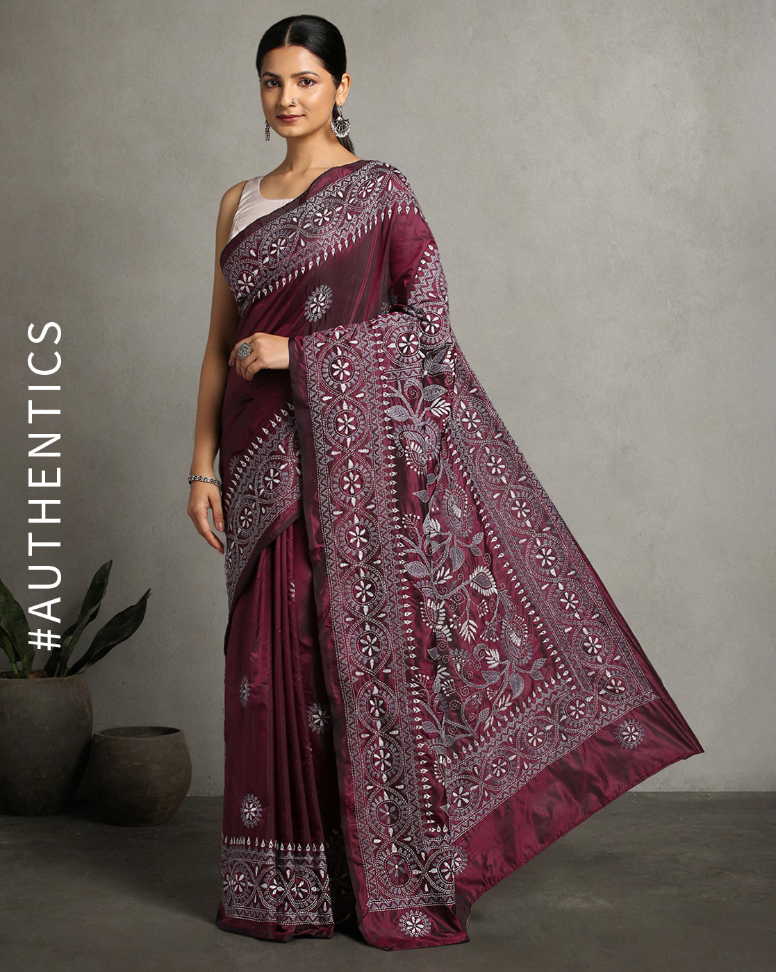 ArtEastri Maroon Grey Silk Kantha Saree with Blouse piece