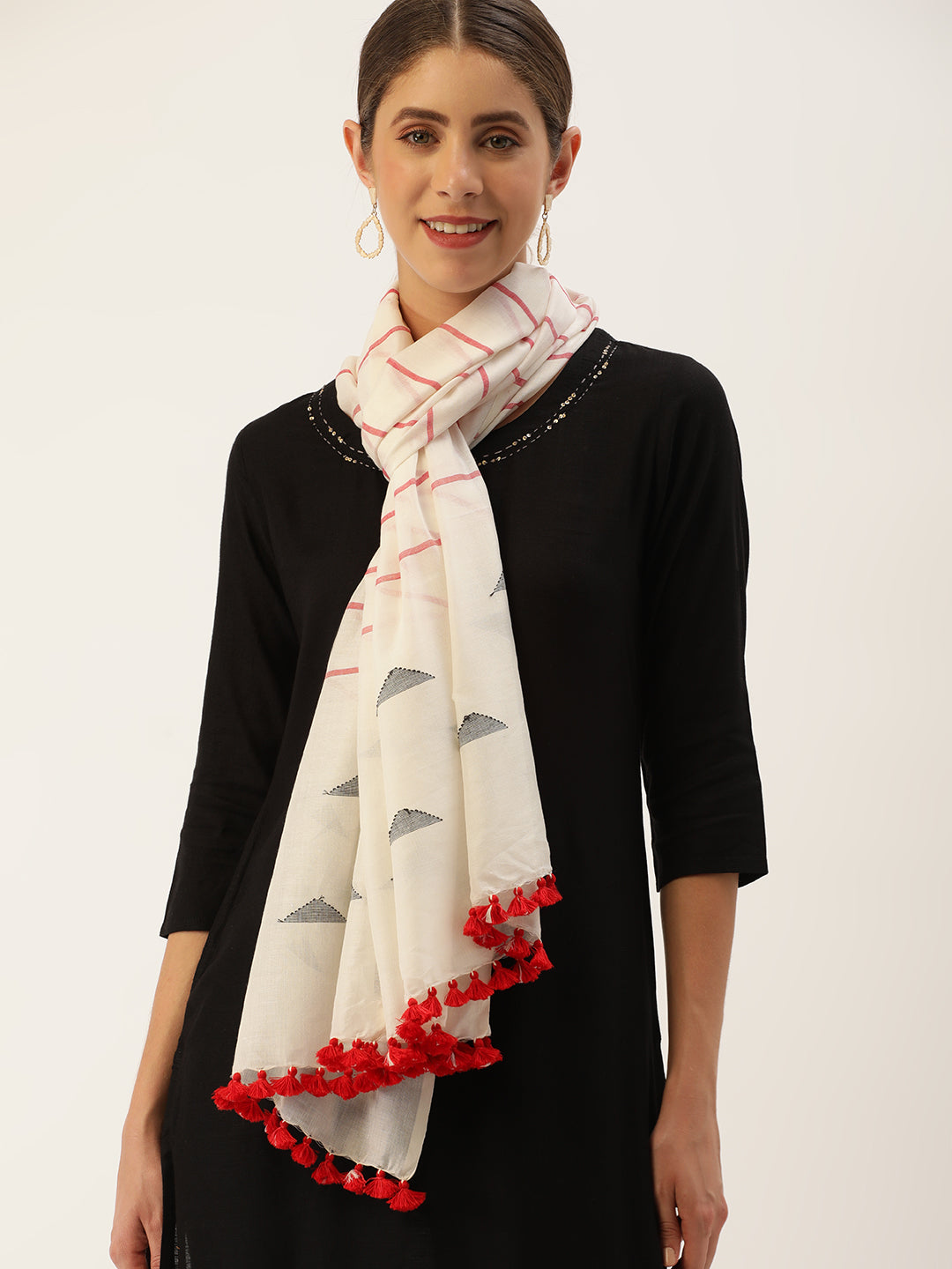 Handloom Jamdani Cotton Stole - white, red