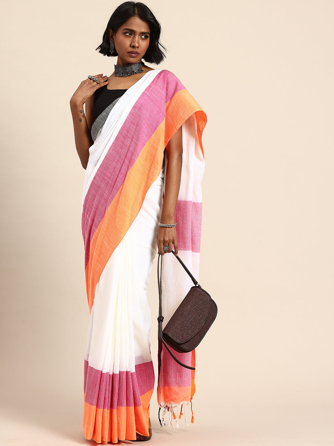 ArtEastri Colorblock Pure Cotton Saree with Blouse piece