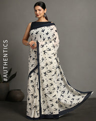 ArtEastri Cream Bird Print Cotton Saree with Blouse piece