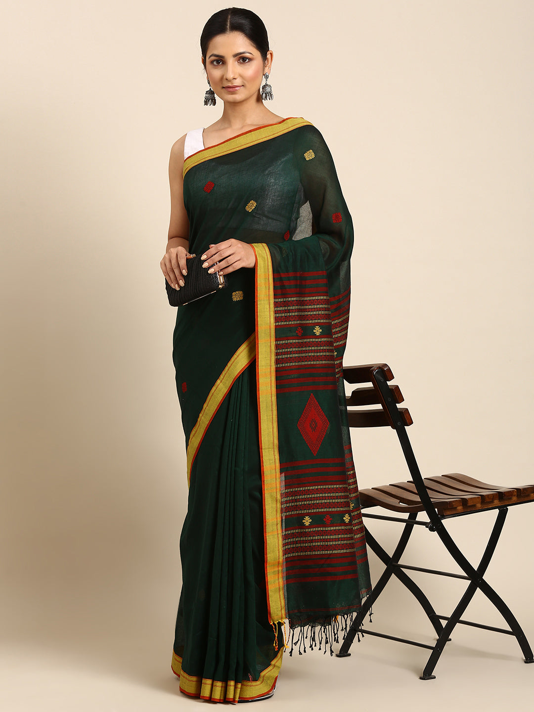 Green Yellow Handcrafted Jacquard weave Cotton Saree