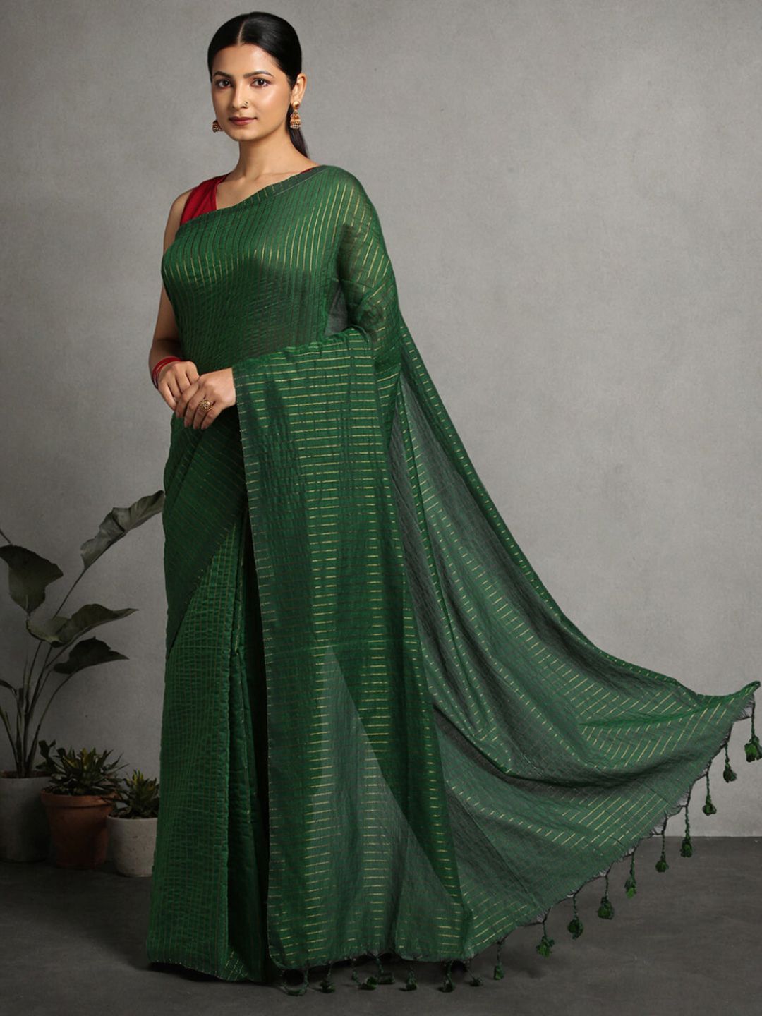 ArtEastri Green Striped Cotton Saree With Blouse Piece