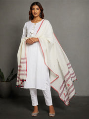 Cream  Handloom Jamdani Cotton Dupatta with Pompoms