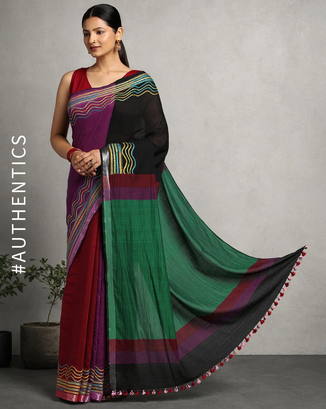 ArtEastri Handloom Black Magenta Colorblock Cotton  Kantha Saree