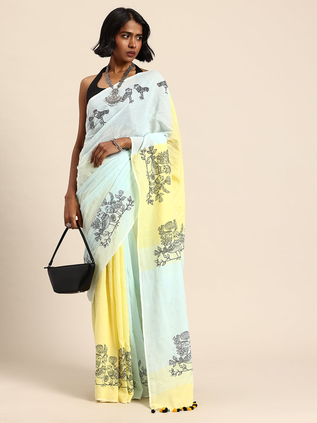 ArtEastri Handloom Sky Blue & Yellow Cotton Bird Print Saree