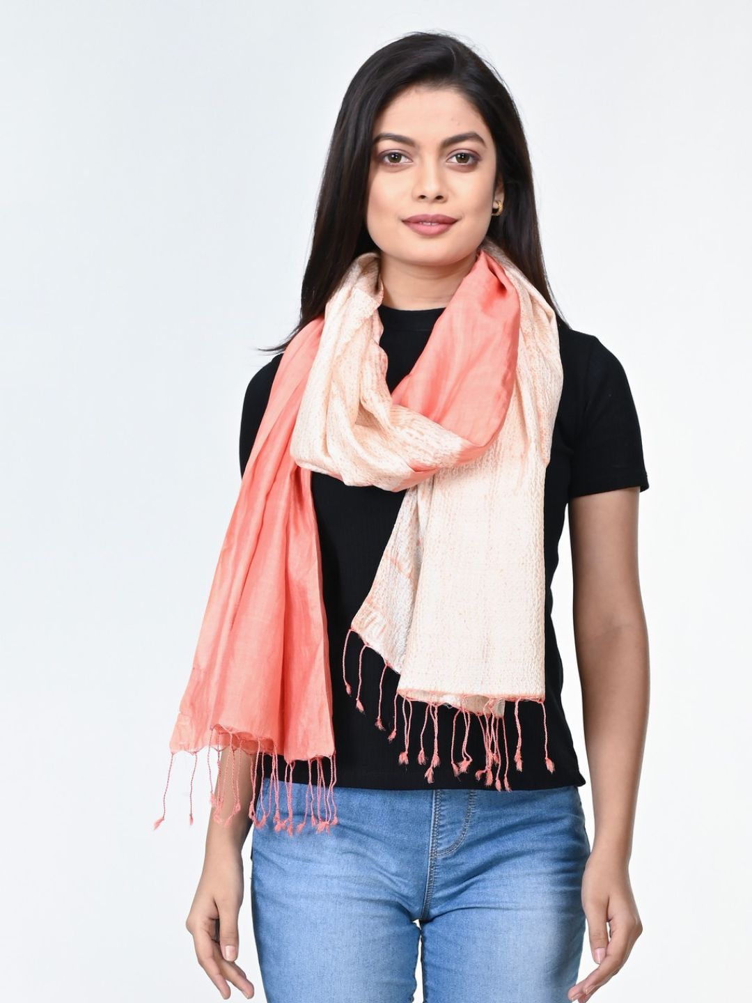 Ivory Peach Shibori Silk Stole