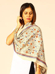 Cream Blue Orange Floral Kantha Silk Stole for women