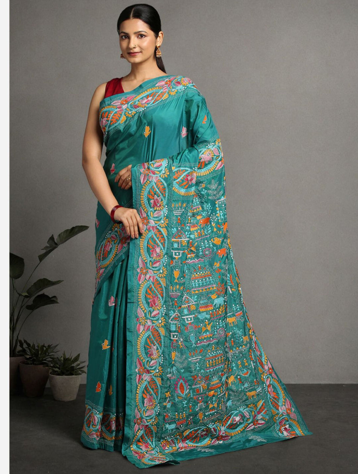 ArtEastri Green Artsilk Kantha Saree with Blouse piece