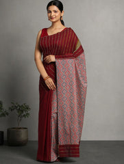 ArtEastri Maroon Red Ajrak Print Khesh Cotton Saree with Blouse piece