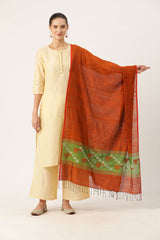 Stunning Handloom Orange & Green Silk Cotton  Jamdani Dupatta