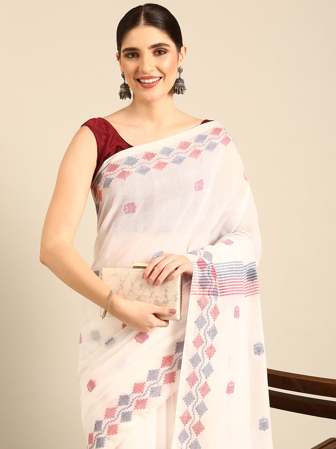 White Multicolour  Handcrafted Woven Soft Jamdani Saree