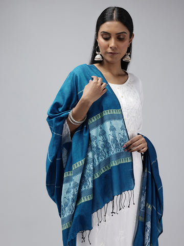 Blue White elephant Motif Cotton Baluchari dupatta Handloom