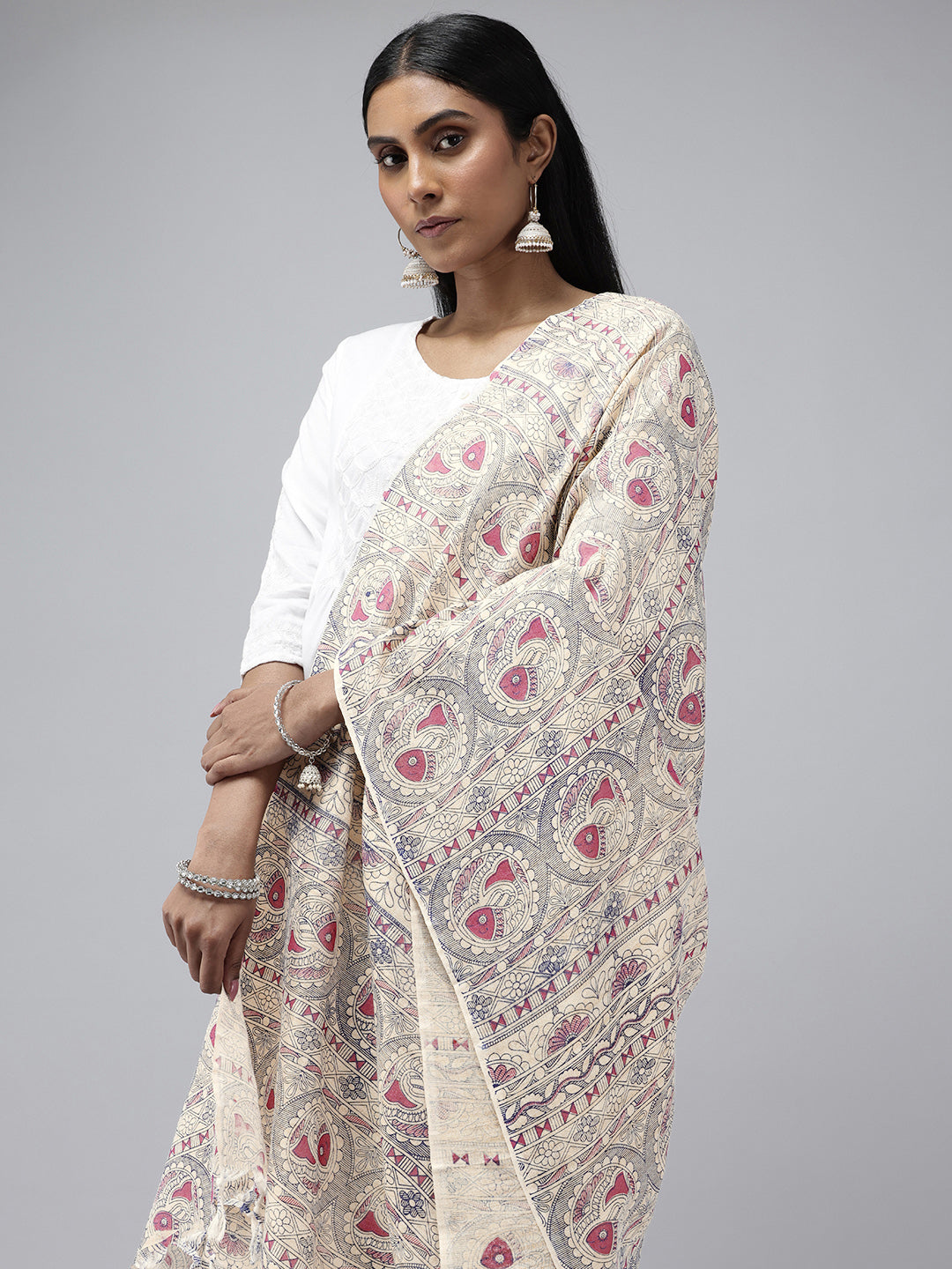 Blue Red Madhubani Cotton Print Dupatta