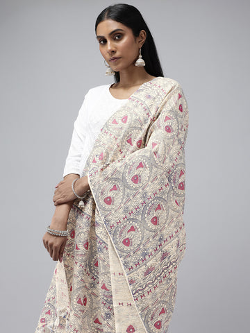 Blue Red Madhubani Cotton Print Dupatta