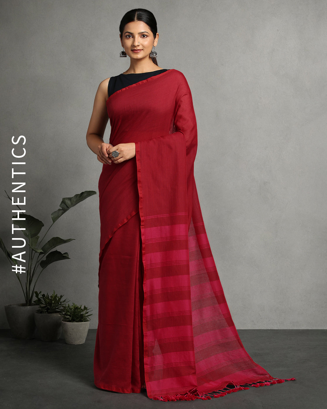 ArtEastri Maroon Magenta Solid Cotton Saree with Blouse piece