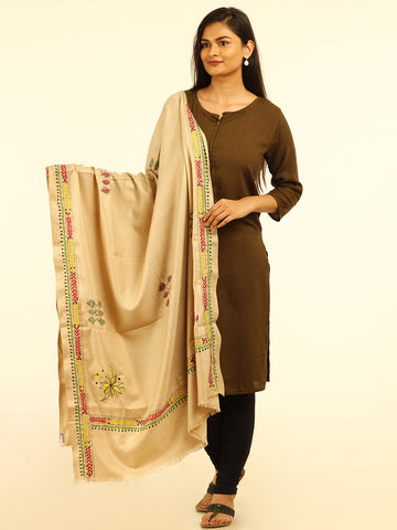 Beige Kantha Wool Shawl