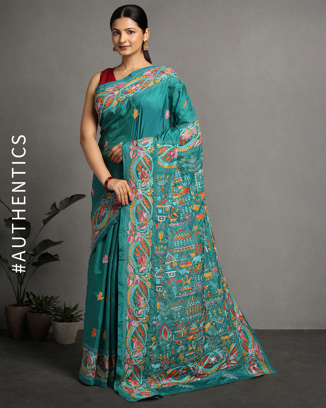 ArtEastri Green Artsilk Kantha Saree with Blouse piece